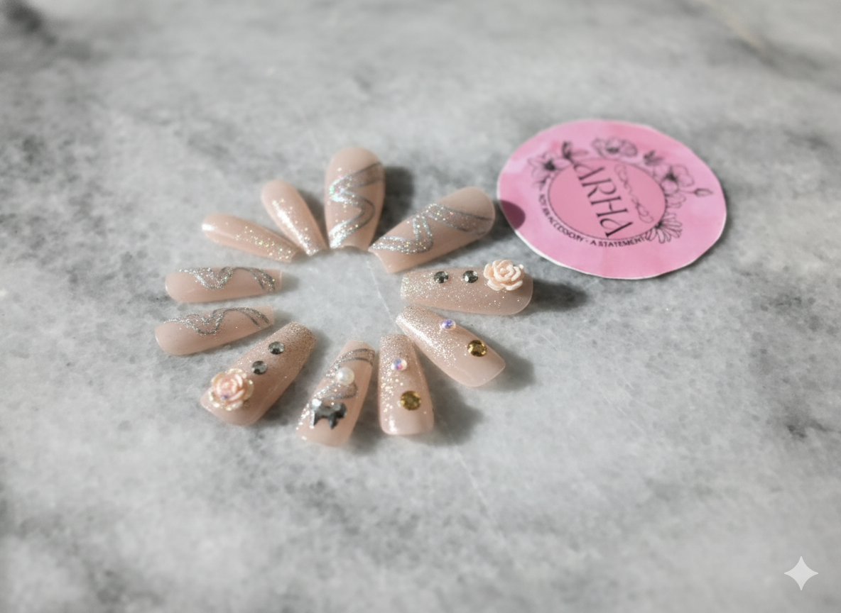 Peach Pink Charm Press-On Nails | Moon, Bow & Rhinestone Reusable Nail Set