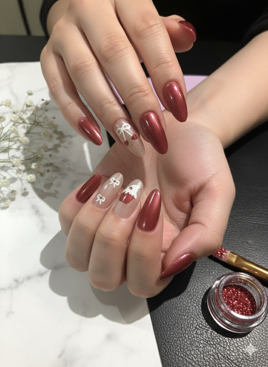 Sweetheart Bow Cat Eye Fake Nails by My Arha | Festive Red