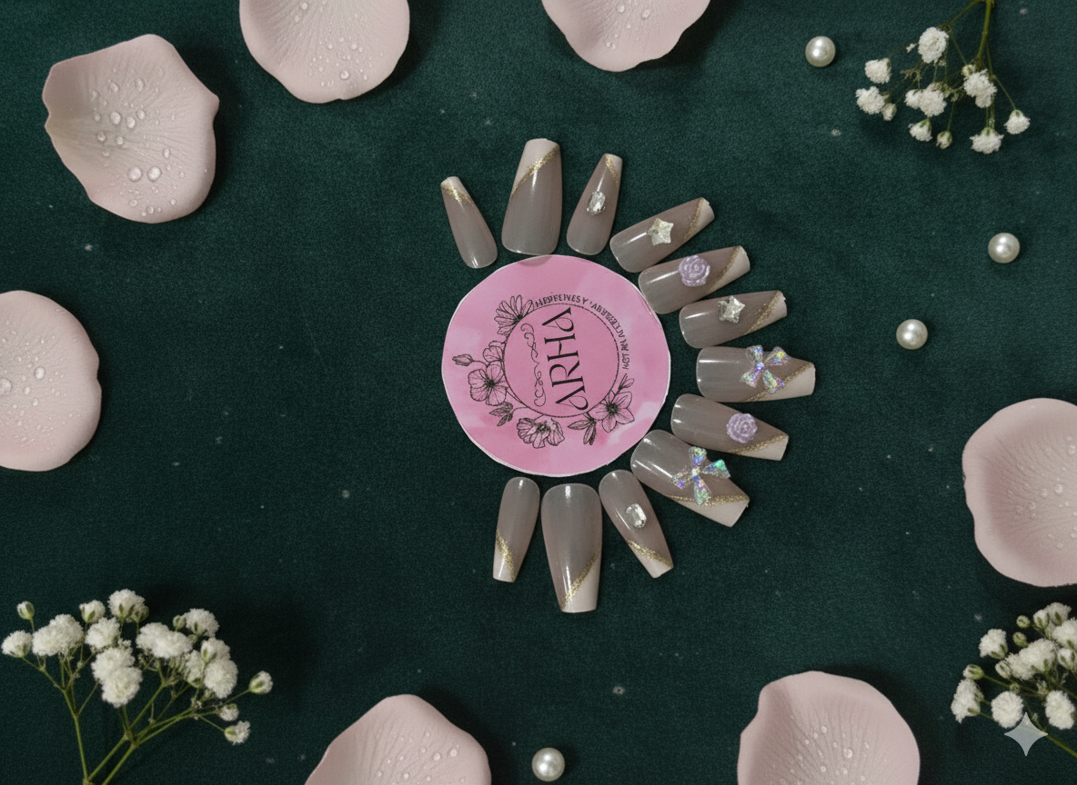 Elegant Nude & Gold Glitter Swirl Press-On Nails - 3D Flowers, Stars & Bows