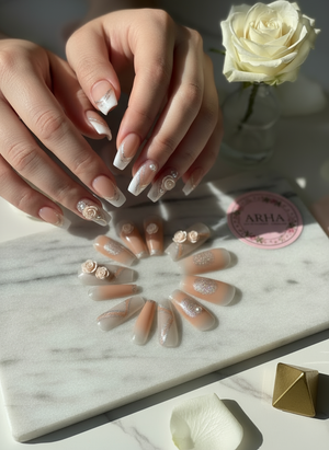 Glam Nude & Glitter Press-On Nails with 3D Floral Accents - Long Coffin Style