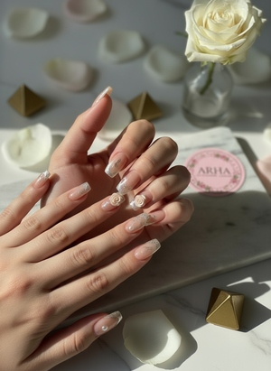 Glam Nude & Glitter Press-On Nails with 3D Floral Accents - Long Coffin Style