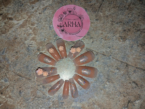 Glam Nude & Glitter Press-On Nails with 3D Floral Accents - Long Coffin Style