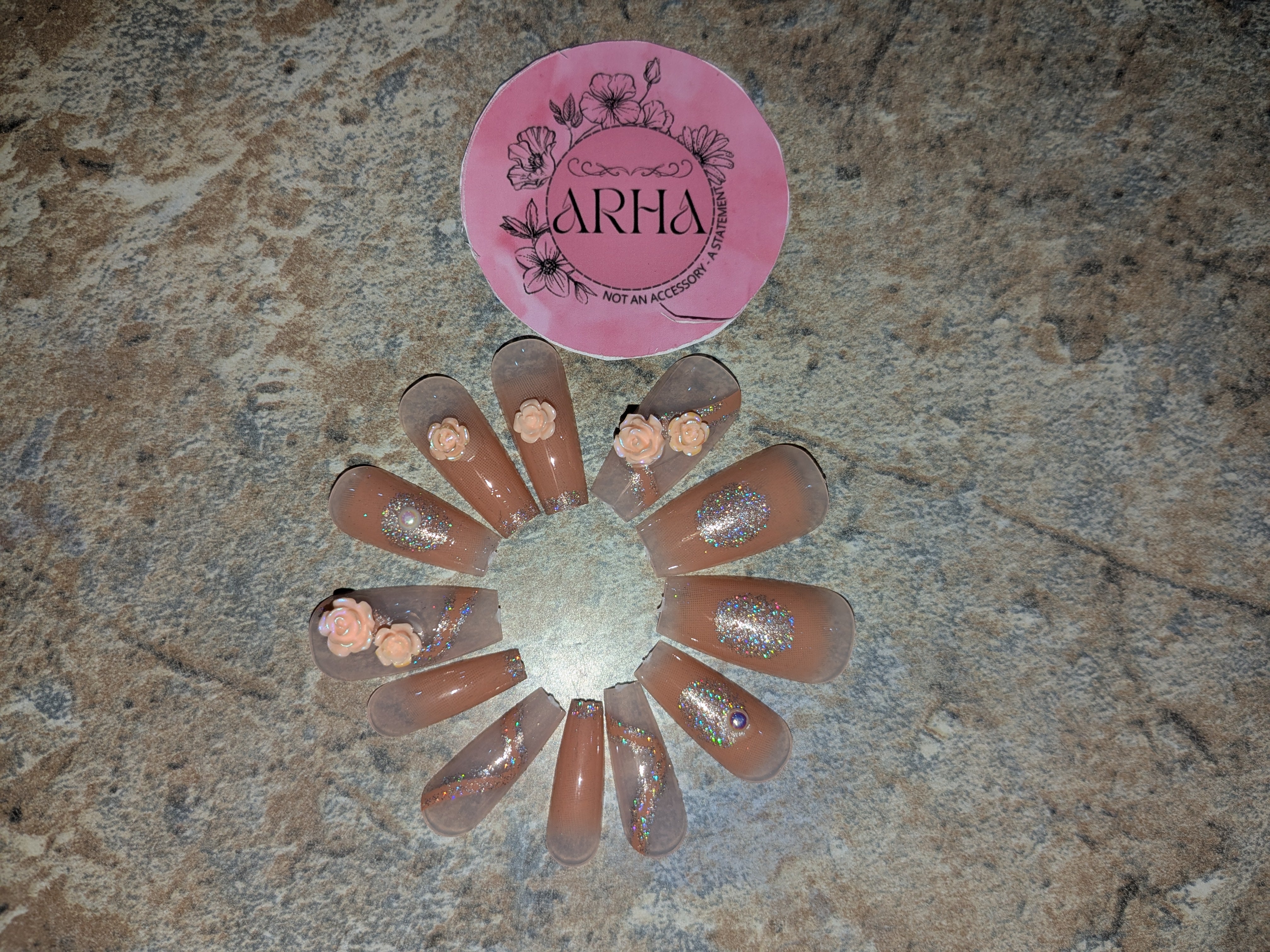 Glam Nude & Glitter Press-On Nails with 3D Floral Accents - Long Coffin Style