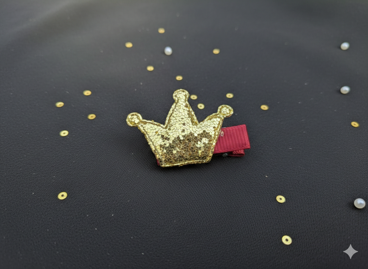 Gold crown-shaped hair clip on a black background with small decorative items.