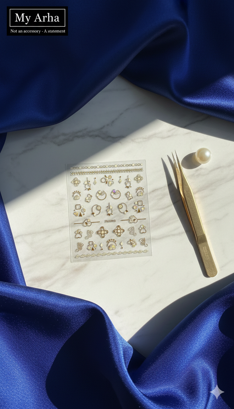 High-end gold floral nail art decals on a marble backdrop with draped royal blue silk, featuring gold precision tweezers and a single pearl — My Arha Professional DIY Nail Art.