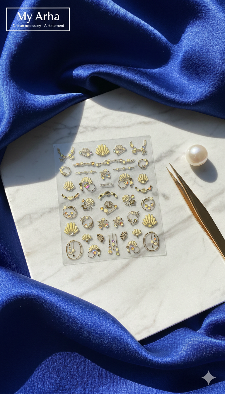 High-quality gold seashell nail art stickers on a white marble slab framed by royal blue satin, featuring professional gold tweezers and a pearl — My Arha Premium DIY Collection.