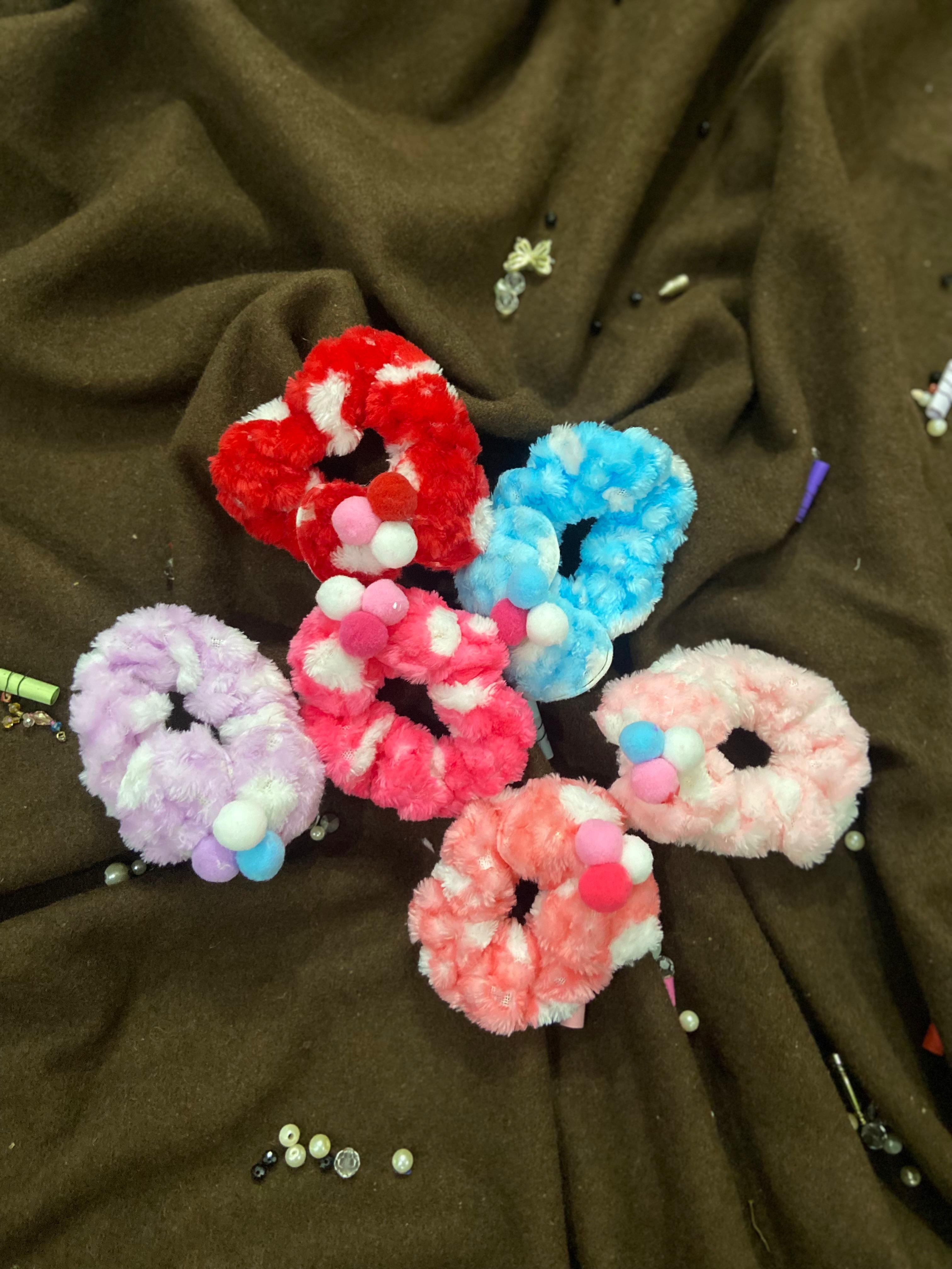 Fluffy Pom-Pom Scrunchie Set – Soft Plush Hair Ties for Women & Girls (Multi-Color)