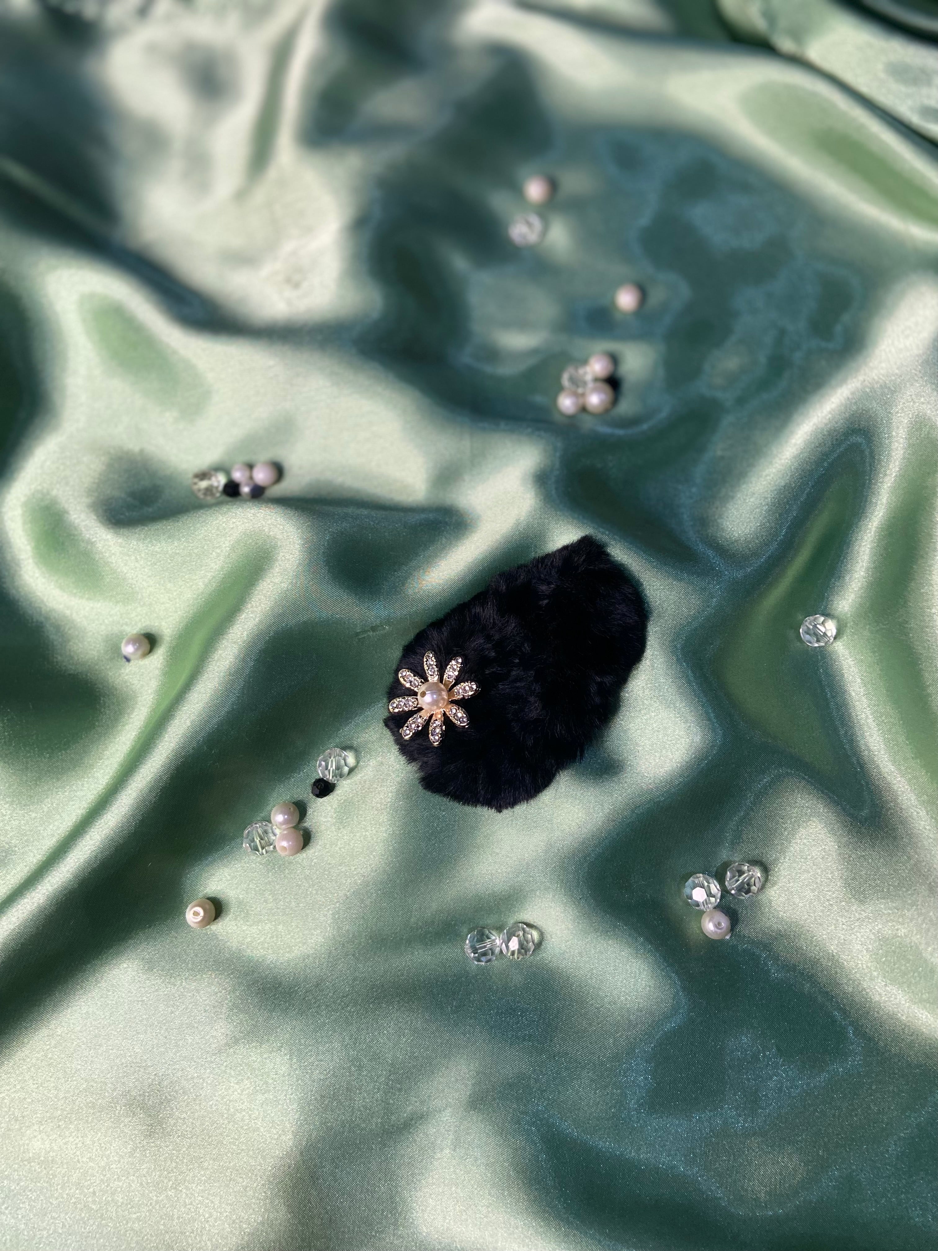 Fluffy Black Faux Fur Scrunchie with Pearl Daisy Charm