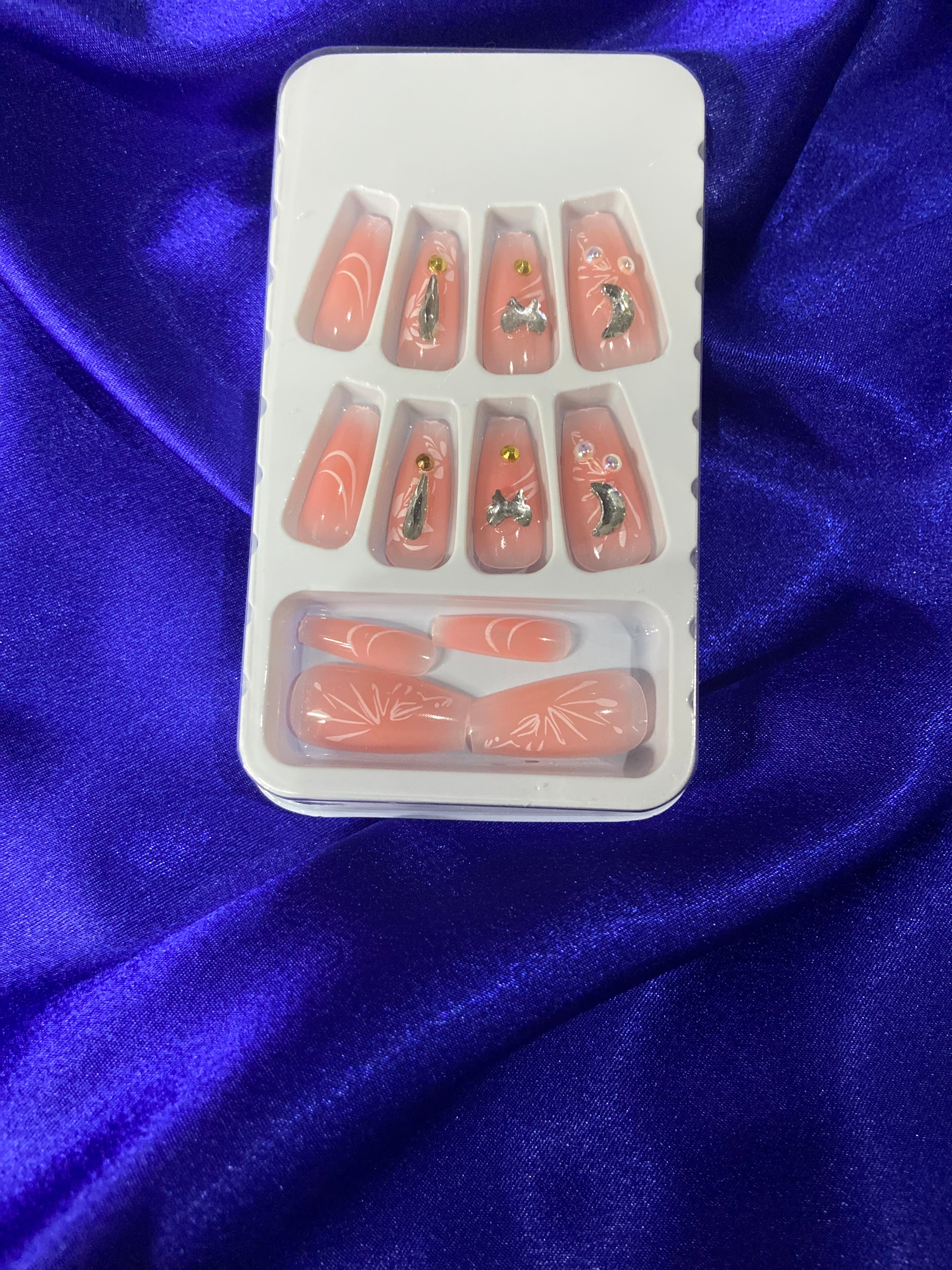 Peach Pink Charm Press-On Nails | Moon, Bow & Rhinestone Reusable Nail Set