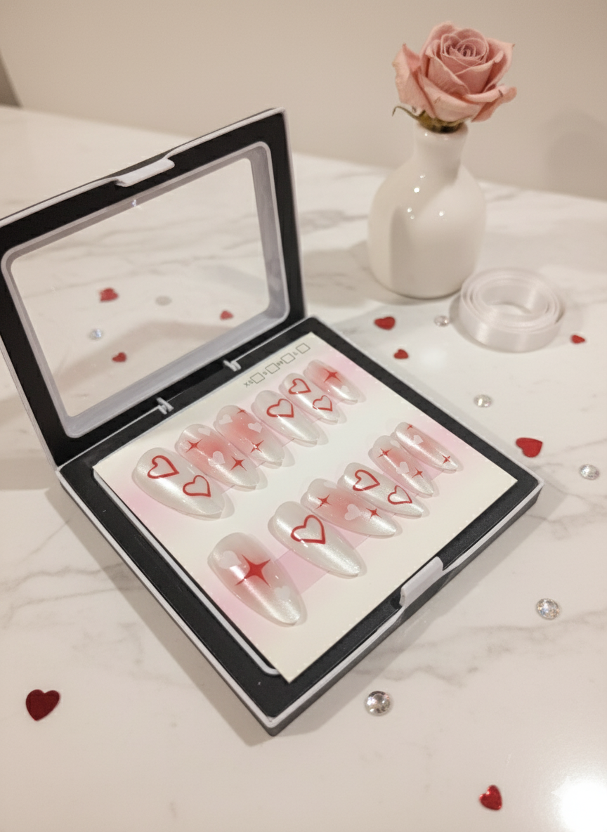 Love Heart & Star Cat-Eye Press-On Nails | Elegant Reusable Manicure
