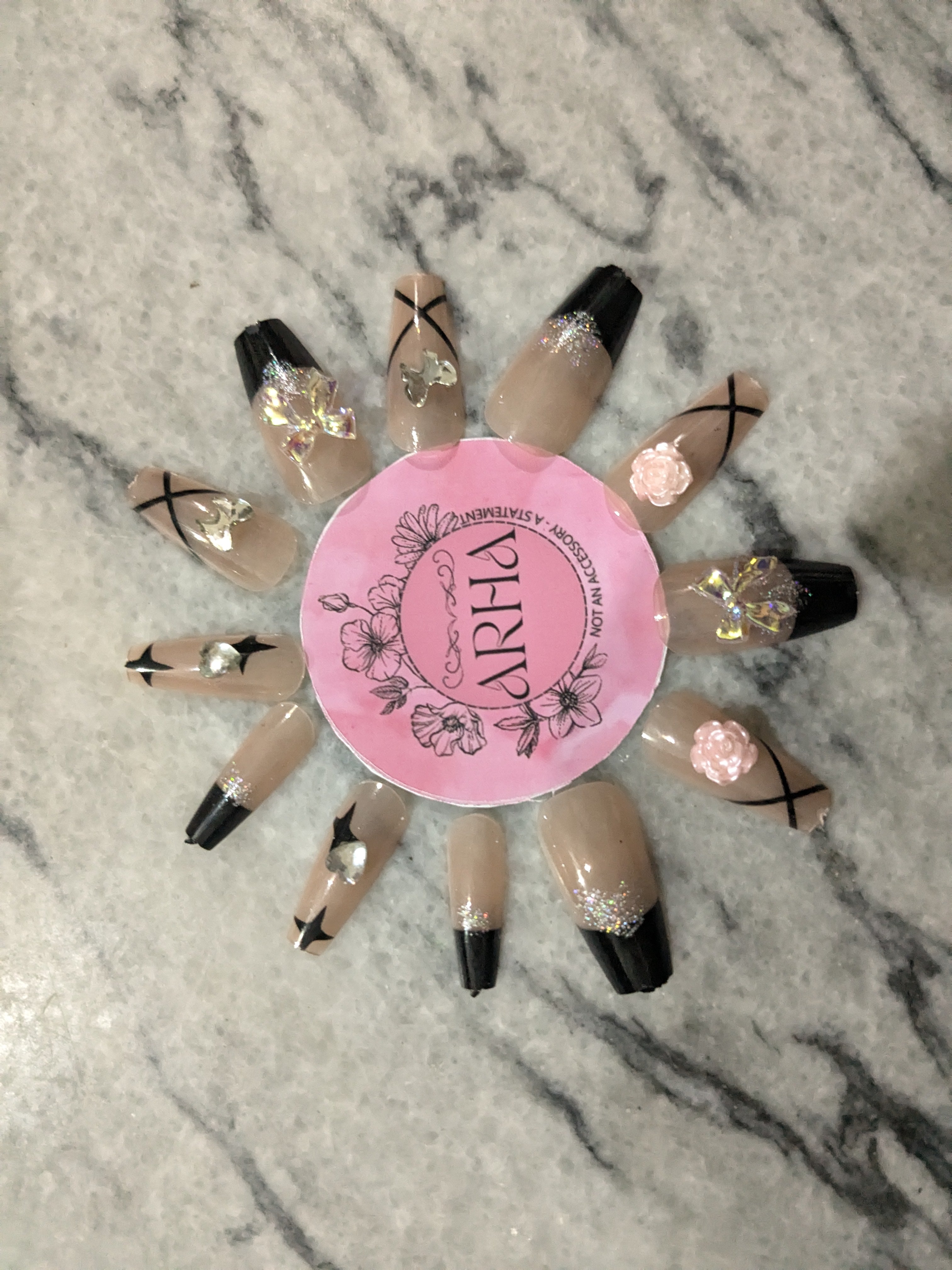 Black French Tip Press-On Nails | Elegant X-Stripe & Charm Art