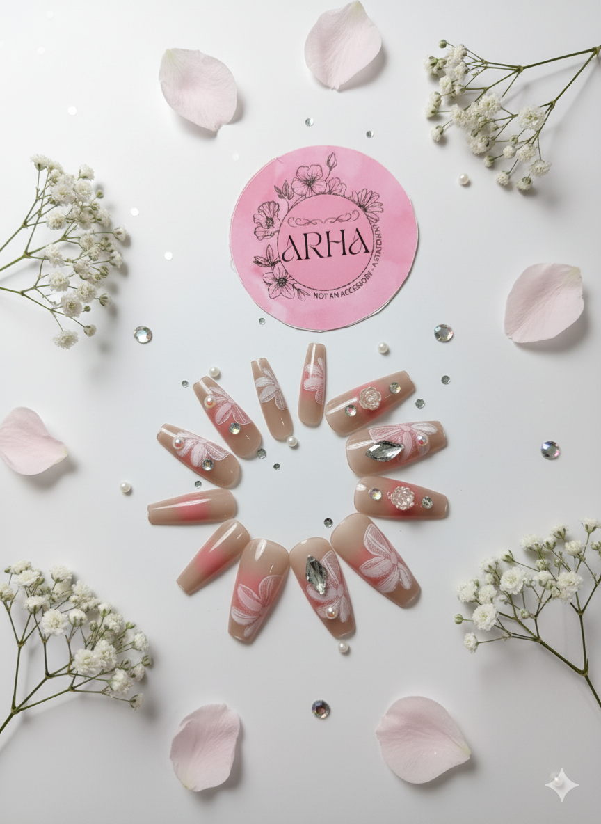 Painted Floral Press-On Nails - Elegant Nude & Pink Designs with Bling