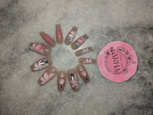 Painted Floral Press-On Nails - Elegant Nude & Pink Designs with Bling