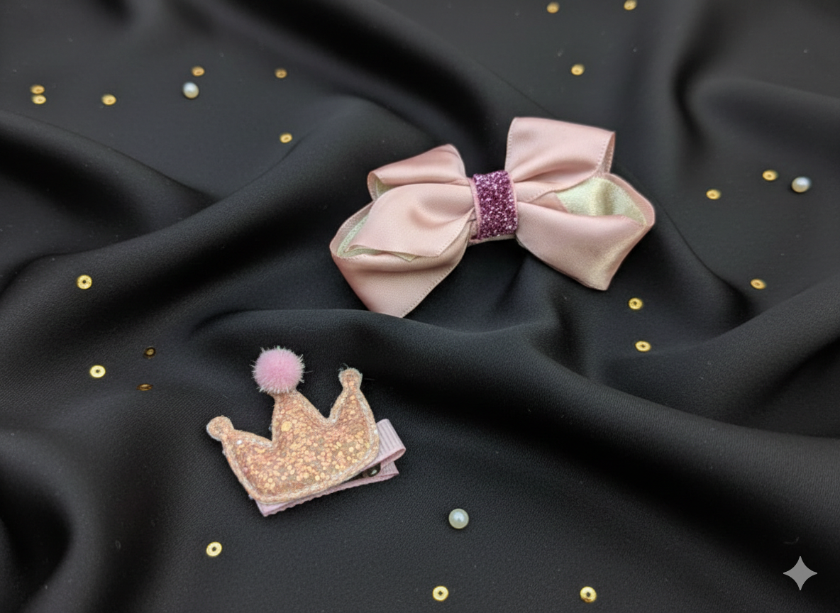 Pink bow and crown hair accessories on black fabric with gold dots