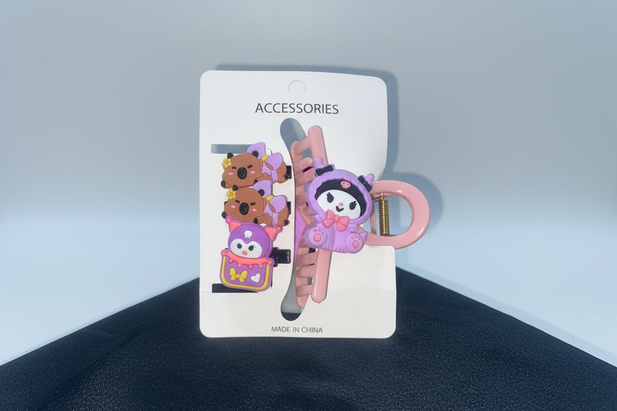Cartoon character keychains on a card labeled 'Accessories' with a dark background.