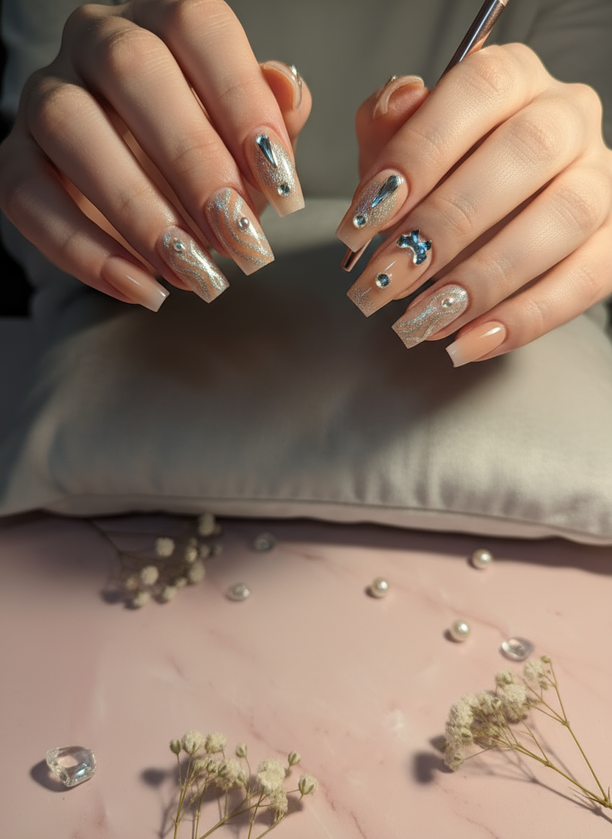 Silver Glam' Long Coffin Press On Nails