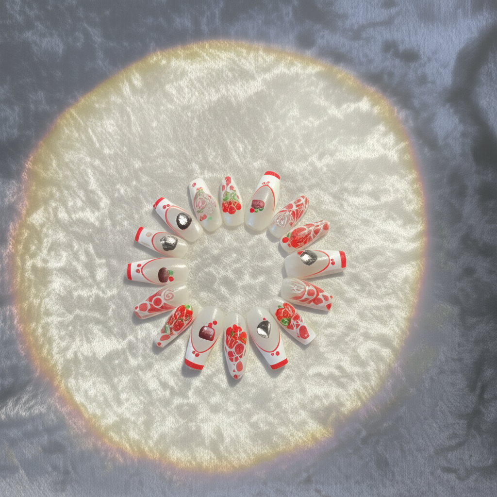 Set of nail art designs arranged in a circular pattern on a textured surface.