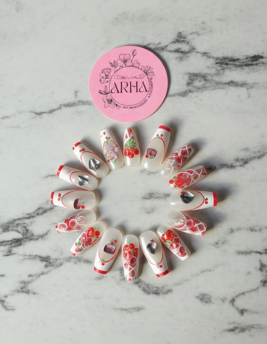 Decorative nail art designs on a marble surface with 'ARHA' branding.