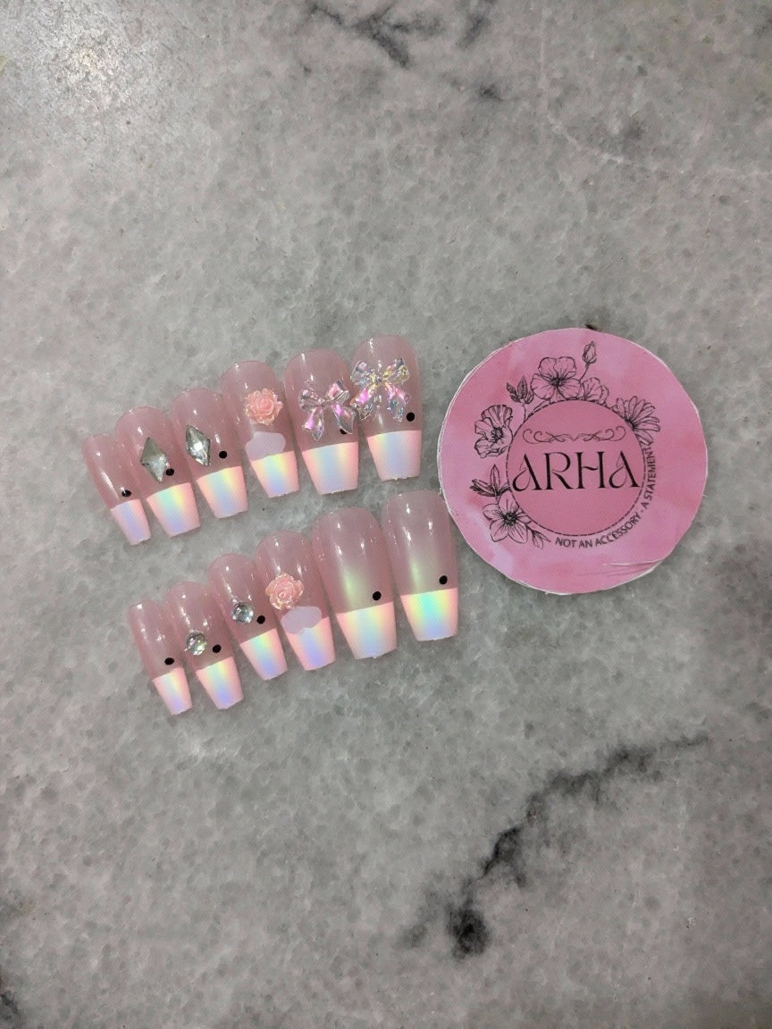 Sweet Pink French Tip Press-On Nails with Bows & Flowers - Elegant & Glamorous