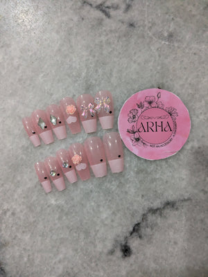 Sweet Pink French Tip Press-On Nails with Bows & Flowers - Elegant & Glamorous