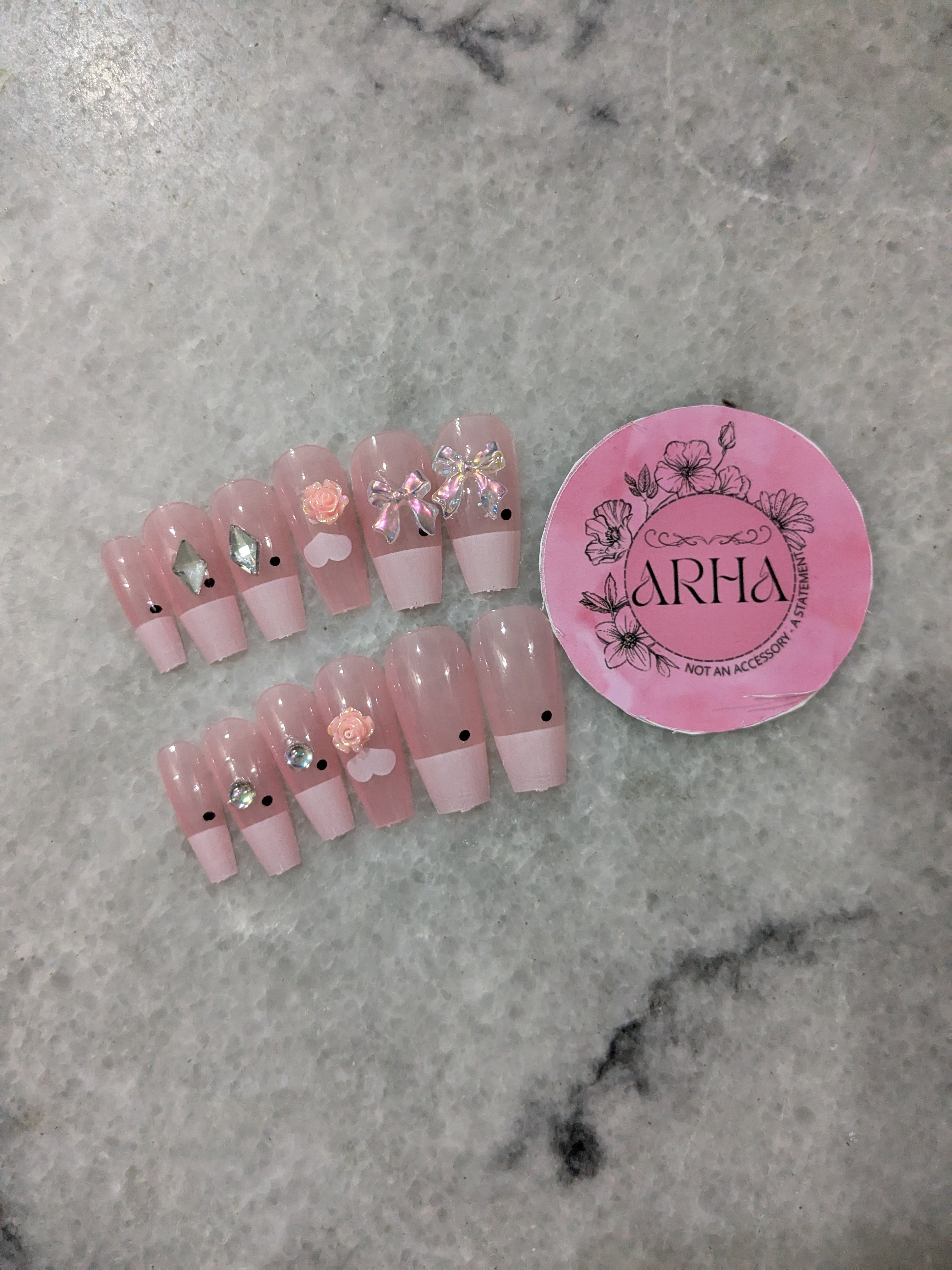 Sweet Pink French Tip Press-On Nails with Bows & Flowers - Elegant & Glamorous