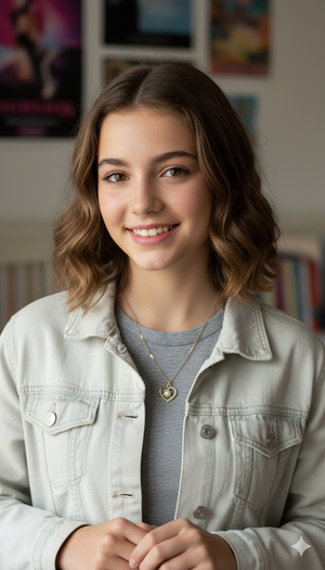 Young woman wearing a light denim jacket with a neutral background