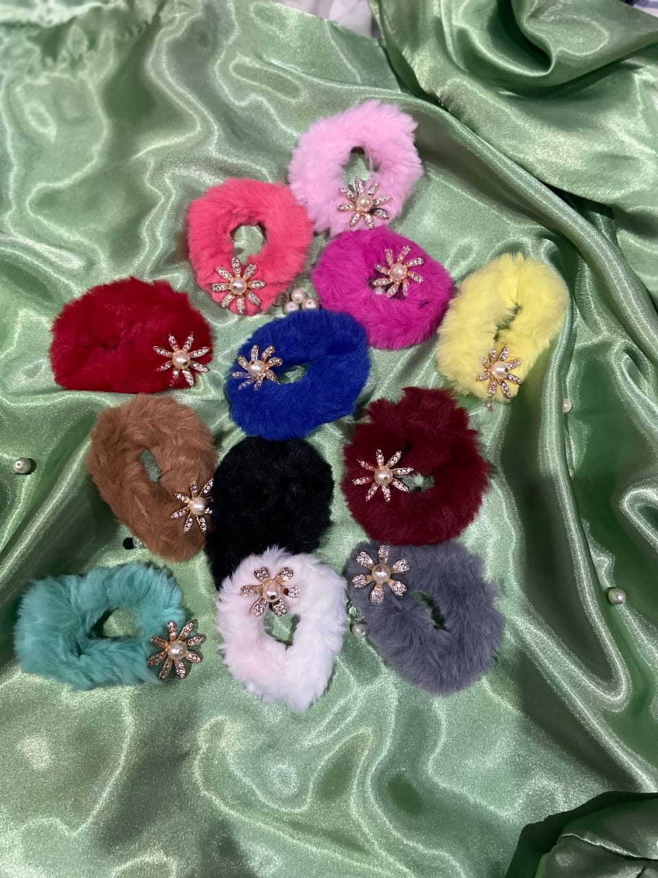 Fluffy Black Faux Fur Scrunchie with Pearl Daisy Charm