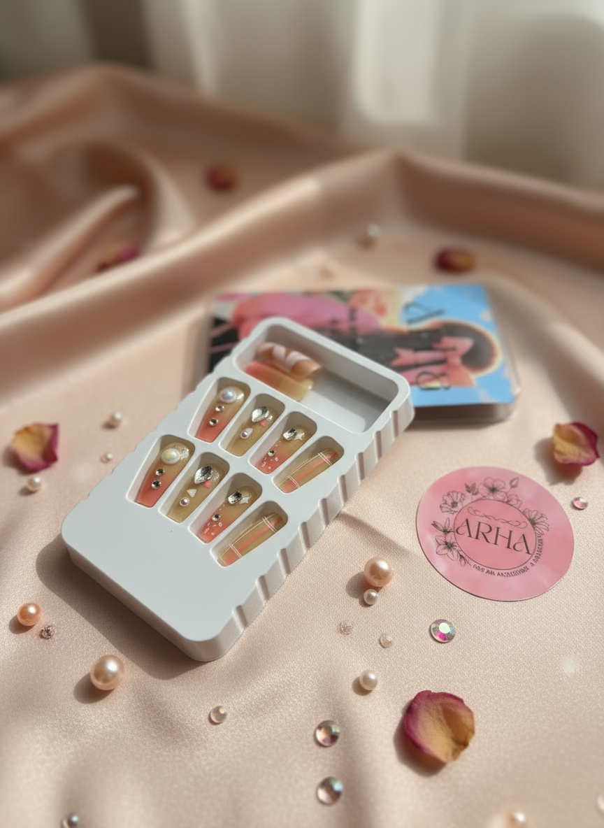 Nude Marble Swirl Rhinestone Press-On Nails | Glam Reusable Nail Set