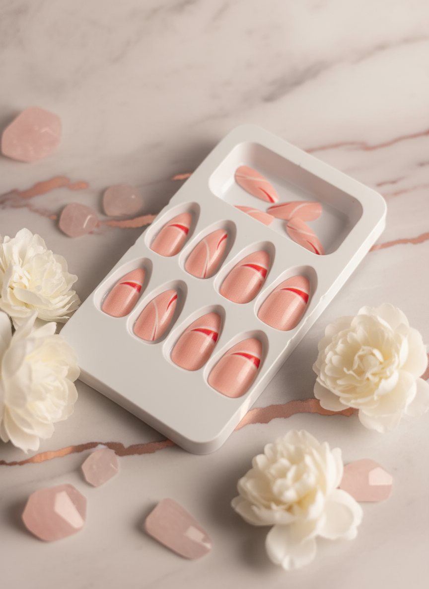Peach & Pink Line Art Press-On Nails | Modern Reusable Nail Set