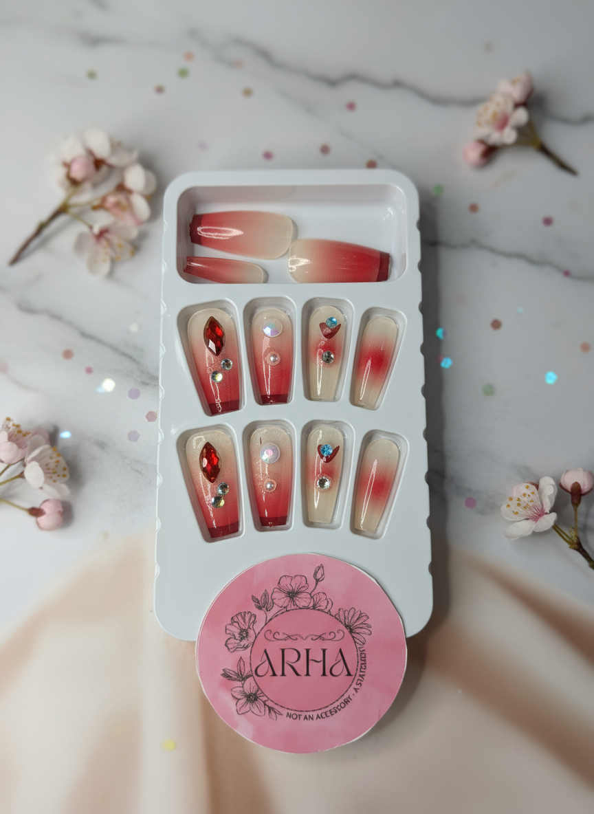 Red Gradient Rhinestone Press-On Nails | Glam Reusable Nail Set