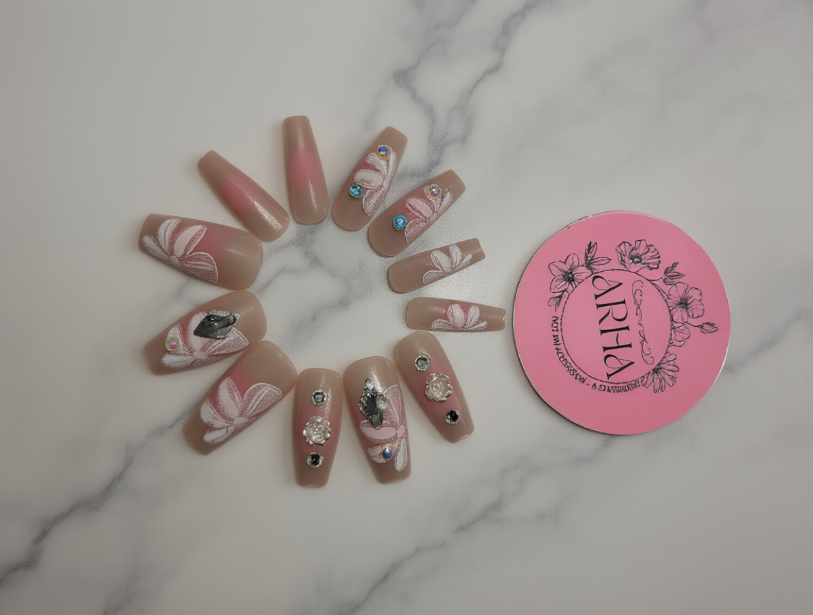 Painted Floral Press-On Nails - Elegant Nude & Pink Designs with Bling