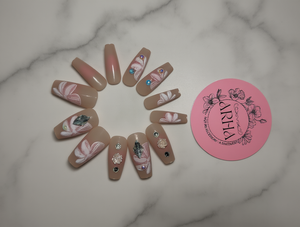 Painted Floral Press-On Nails - Elegant Nude & Pink Designs with Bling