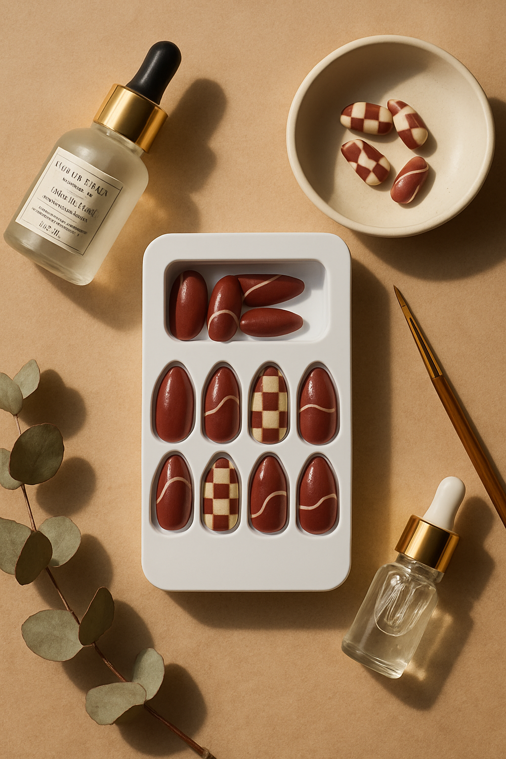 Brown & Beige Checkerboard Press-On Nails | Elegant Reusable Nail Set