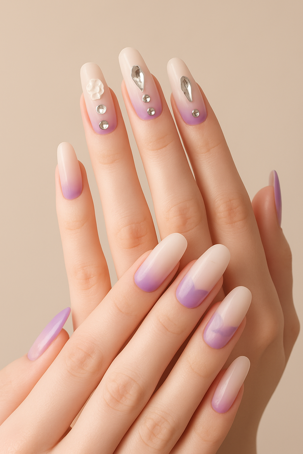 Pink Gradient Press-On Nails with Rhinestones & Moon Charms | Reusable Nail Set