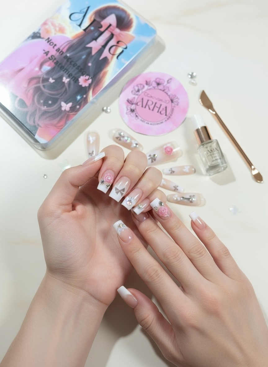 Fancy Bow Nails by My Arha | Unique & Embellished Press-On Manicure