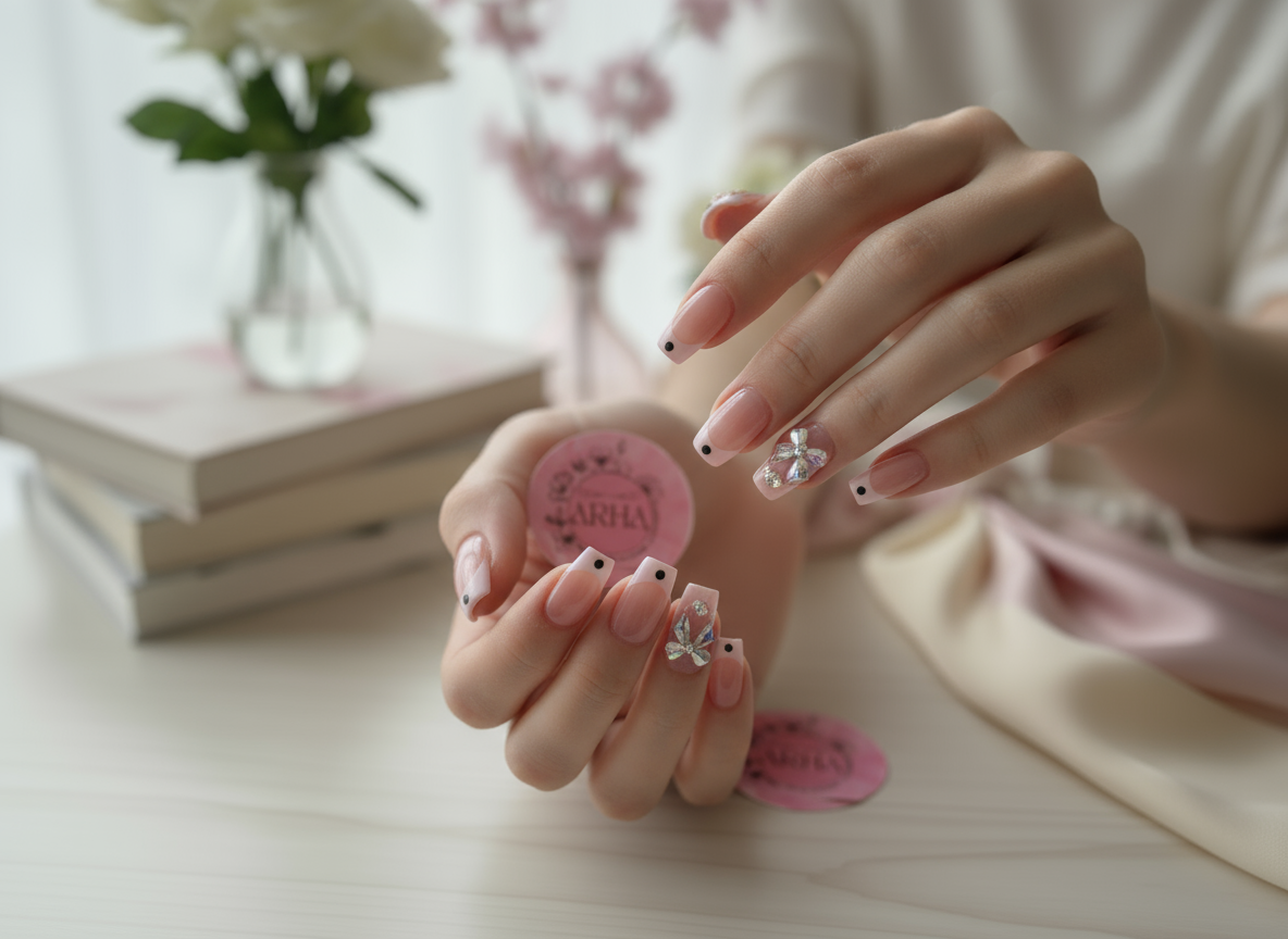Pink Gradient Press-On Nails with Rhinestones & Moon Charms | Reusable Nail Set