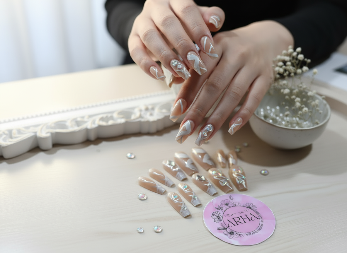 Peach Pink Charm Press-On Nails | Moon, Bow & Rhinestone Reusable Nail Set